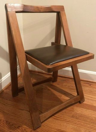 Rare Vintage Mid Century Modern Danish Style Wooden Folding Chair Leather Seat