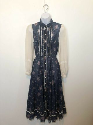 Gunne Sax Blue Floral And Lace Prairie Midi Dress Size 9 Victorian Boho Poet