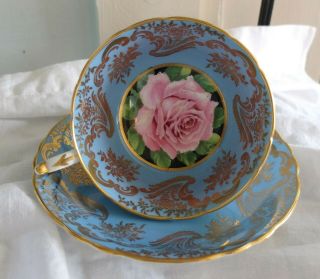 Vintage Paragon Robin Egg Blue Fancy Gold Trim Pink Rose Center Tea Cup Saucer