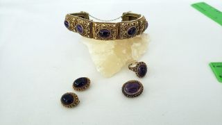 Vintage Chinese Silver Filagree Parure Purple Amethyst Braclet Pin Earrings Ring