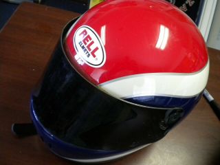 Vintage Bell Motorcycle Helmet Size 7 3/8 Red White Blue Circa 1979 With Shield