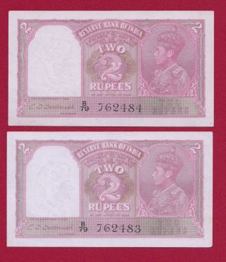 Two Consecutive India 2 Rupee King George Vi 1943 P17b - Xf - Aunc Rare