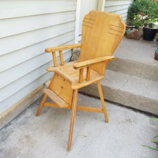 Antique Solid Wood Maple Convertible Vintage Baby High Chair Hand Crafted