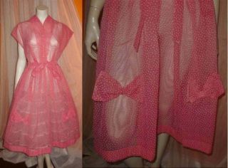 Vintage 1950s Sheer Pink Nylon Dress White Dots Full Skirt Rockabilly Lolita M