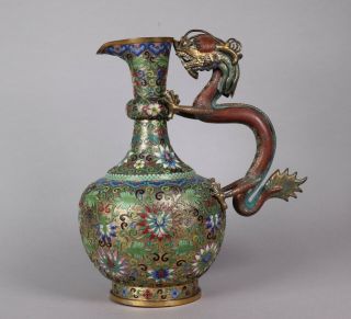 Lovely 19th Century Antique Chinese Cloisonne Jug With Dragon Handle