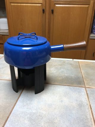Vtg Mcm Dansk France Ihq Kobenstyle Blue Enamel Fondue Pot With Cast Iron Stand