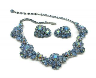 Vintage Crown Trifari Ab Blue Rhinestone Necklace Clip Earrings Set Bridal