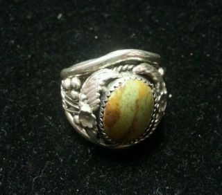 Vintage Old Pawn Sterling Silver Mens Ring With Green Royston Stone Sz: 11 3/4