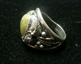 Vintage Old Pawn Sterling Silver Mens Ring with Green Royston Stone Sz: 11 3/4 2