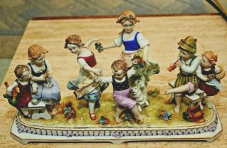 14 " Dresden Porcelain Figural Group Tableau 7 Children Dancing Mark & Number