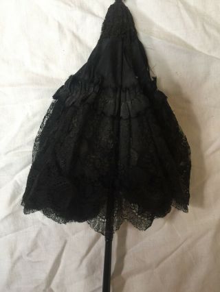 Antique Large Doll or Child ' s Parasol Carved Wood Handle Black Silk Lace Canopy 2