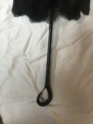 Antique Large Doll or Child ' s Parasol Carved Wood Handle Black Silk Lace Canopy 3