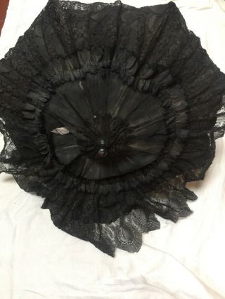Antique Large Doll or Child ' s Parasol Carved Wood Handle Black Silk Lace Canopy 4