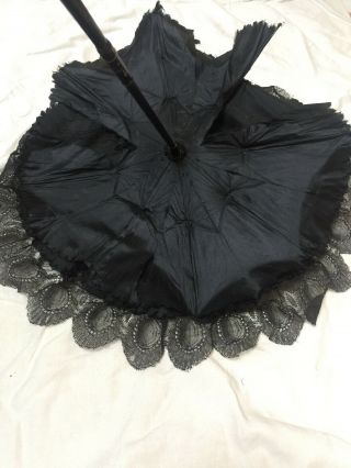 Antique Large Doll or Child ' s Parasol Carved Wood Handle Black Silk Lace Canopy 8
