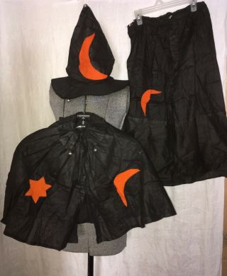 Rare Vintage 20s 30s Childs Black Witch Halloween Costume (3 Pc) Skirt Cape Hat