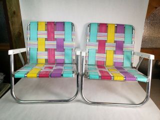 2 Vintage Lounge Chair Nylon Webbing Aluminum Lawn Folding Low Beach Chairs