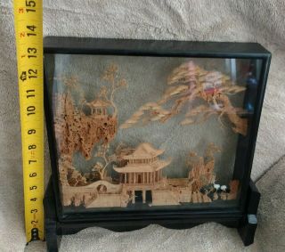 Large Vintage Chinese Hand Carved Cork Diorama Crane Pagoda Black Lacquer Art