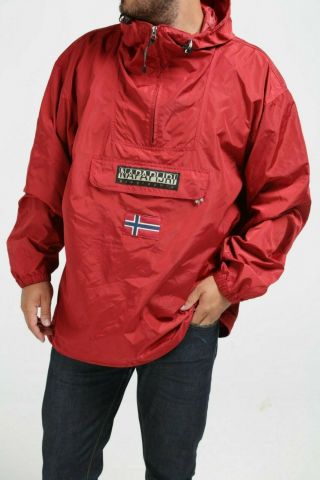 Vintage Napapijri Mens Rainforest Red Packable Hooded Anorak Jacket Size Xl