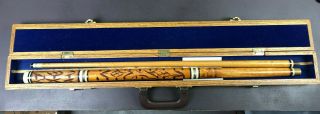 Vintage Hand Carved Wood 4 Piece Pool Cue With Hard Case