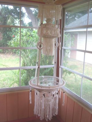 Large Vintage White 60s 70s Macrame Hanging Glass Table Planter 7 