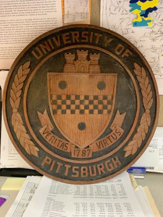 Vintage Hand Carved Wood Heavy University Of Pittsburgh Wall Plaque 15” Charger