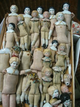 21 Antique Bisque Heads,  Feet,  Hands Germany 8 " - 4 " Dolls Straw Body Repair