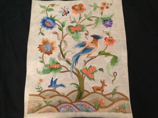 Vintage Antique Hand Embroidered Picture Panel Jacobean Flowers Stag And Birds