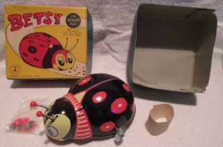 Vintage Tin Litho Wind Up Rare Black Betsy The Hungry Bug -