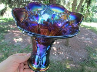 Imperial Beaded Bullseye Antique Carnival Glass Squatty Vase Electric Purple
