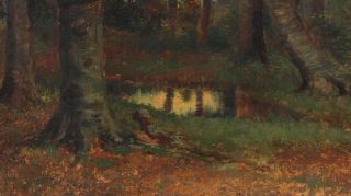Lrg Antique FRANK DARRAH American Impressionist Wooded Landscape Oil Painting NR 5