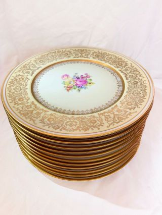 Antique Pickard China Encrusted Gold Floral Dinner Plates - Set Of 11