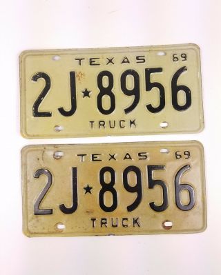 Pair Vintage 1969 Texas Truck License Plates 2j 8956 Classic Antique 