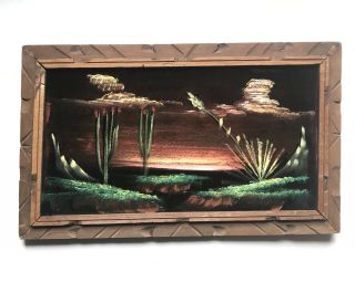 Vtg Black Velvet Oil Painting Desert Cactus Sunset Landscape Mexico Tiki Kitch