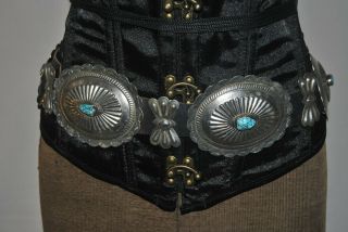 Vintage Oval Concho Black Leather Belt 42 " Seven Conchos With Turquoise Inlaid