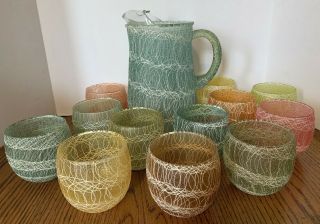 Vintage Spaghetti String Pitcher With 12 Rolly Polly Drinking Glasses