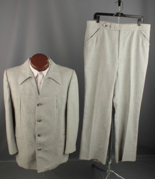 Vtg 1970s Grey Polyester Leisure Suit Jacket M - L Pants 36x30.  25 6030 Disco