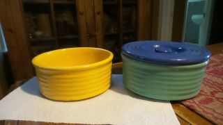 Vintage Bauer Pottery Ring Stacking Refrigerator Bowls Yellow,  Turquoise,  Blue