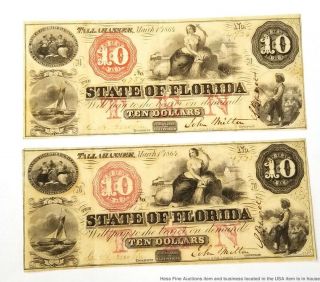 Rare 1864 Consecutive $10 State Of Florida Currency Bank Notes Pair Condederate