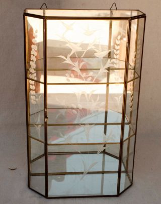 Vtg Brass Glass Table Top /wall Curio Cabinet Display Shelf Case Mirror Back 16 "