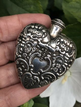 Large Vintage Victorian Style Sterling Silver Heart Perfume Bottle Pendant