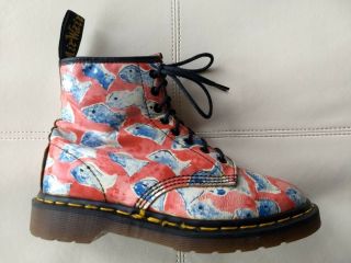 Doc Dr Martens Red Boots Blue Fish Rare Vintage Made In England Unisex 6uk 8w 7m