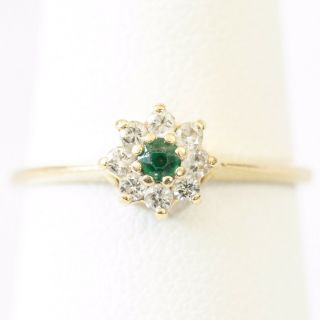 Vintage 14k Solid Yellow Gold Emerald And Diamond Ring