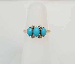 Vintage 14 Kt.  Yellow Gold Ring With Turquoise And European Cut Diamonds