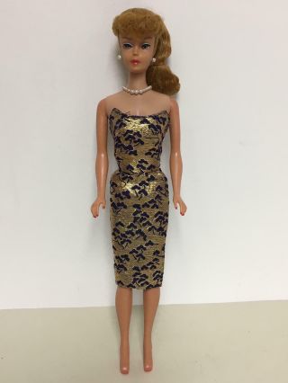 Vintage 6 Or 7 Blonde Ponytail Barbie In Gold Lame Sheath,  Graduated Pearls