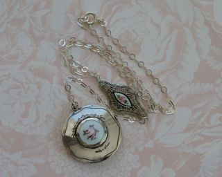 Vintage Sterling Silver Guilloche Enamel Locket Necklace Chain Filigree Rose