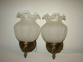 Pair Antique Vintage Brass Sconce Wall Light Fixtures & Tulip Glass Shades
