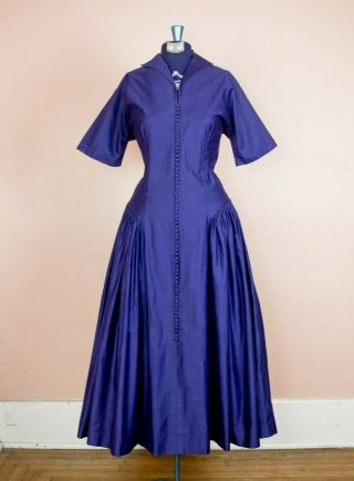 Vtg 1940s 50s Couture Sapphire Navy Blue Sateen Cotton Drop Waist Midi Tea Dress
