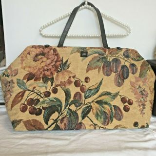 Vtg J Conn Cherry Floral Tapestry Carpet Bag Travel Tote Carry On