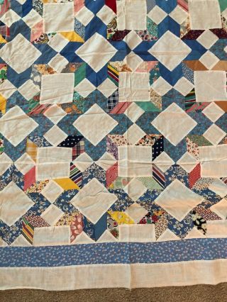 Vtg Quilt Top Hand Sewn 1930 ' s Fabric 86”x 67” Diamonds Squares White Blue 3