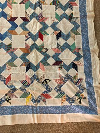Vtg Quilt Top Hand Sewn 1930 ' s Fabric 86”x 67” Diamonds Squares White Blue 4